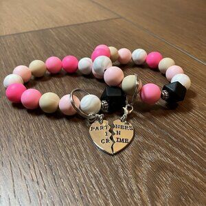 Handmade "Partners in Crime" Set of Pink/White Keychains Best Friend Gifts